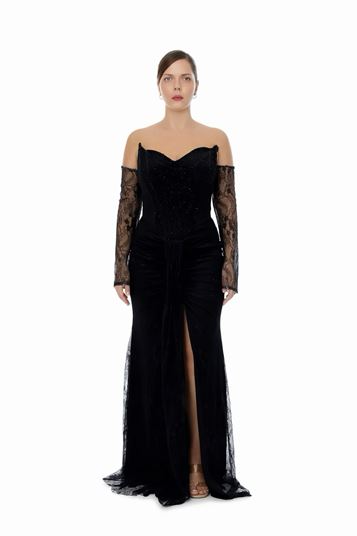 Abito da sera nero in pizzo con perline taglie forti